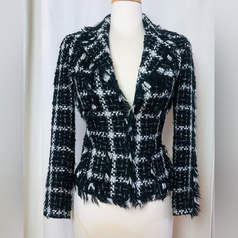 Angel Nina Tweed Jacket Black White Plaid Fringe Cropped Blazer Sz 38 US 6 Chic